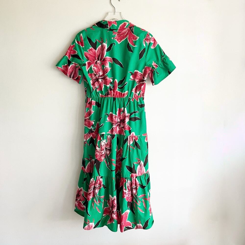 PLS READ Zara Medium Dress Tiger Lily Floral Print Green Pink Tiered Collar - Picture 4 of 6